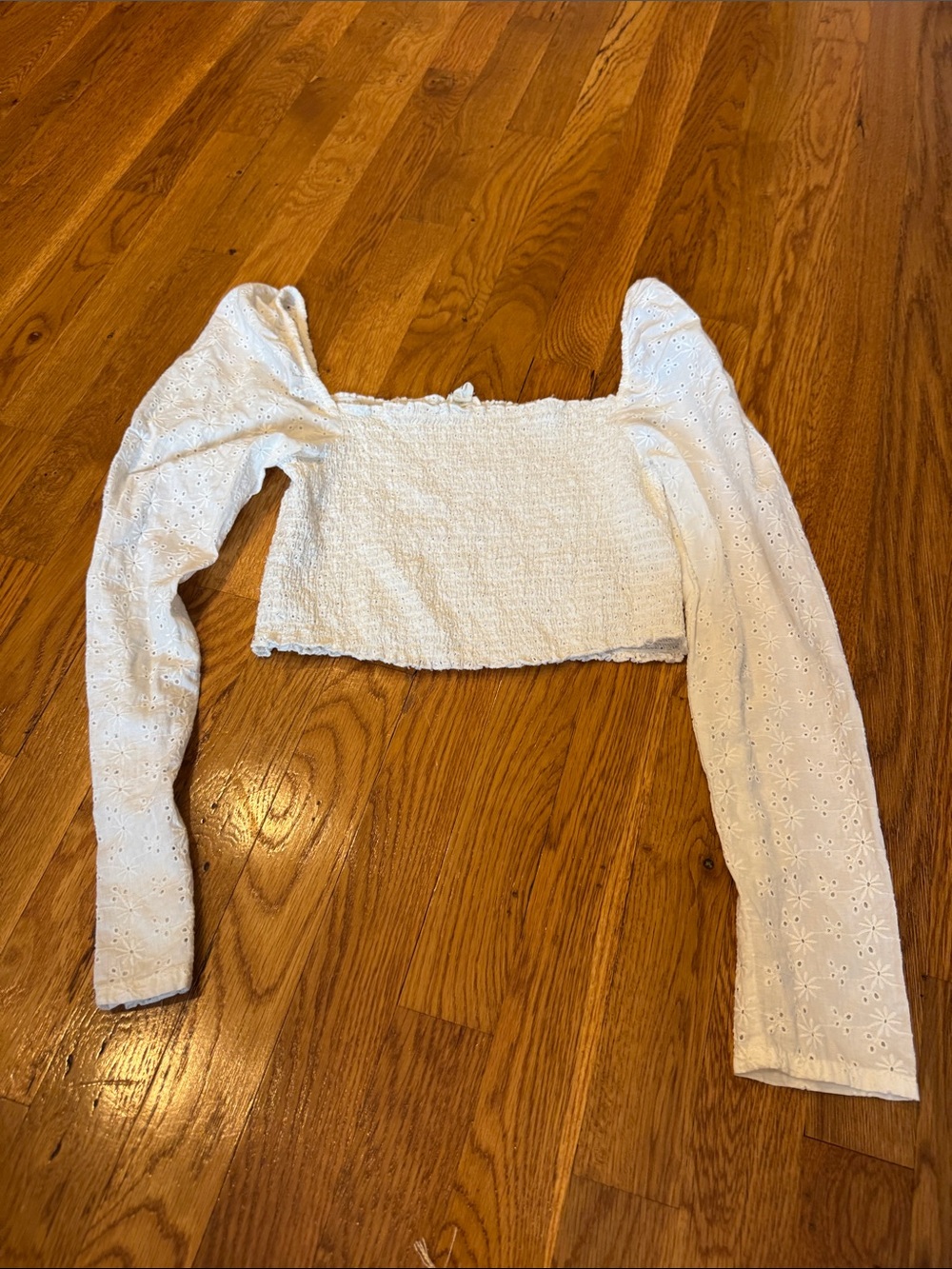 Garage White Eyelet Long-Sleeve Smocked Crop Top